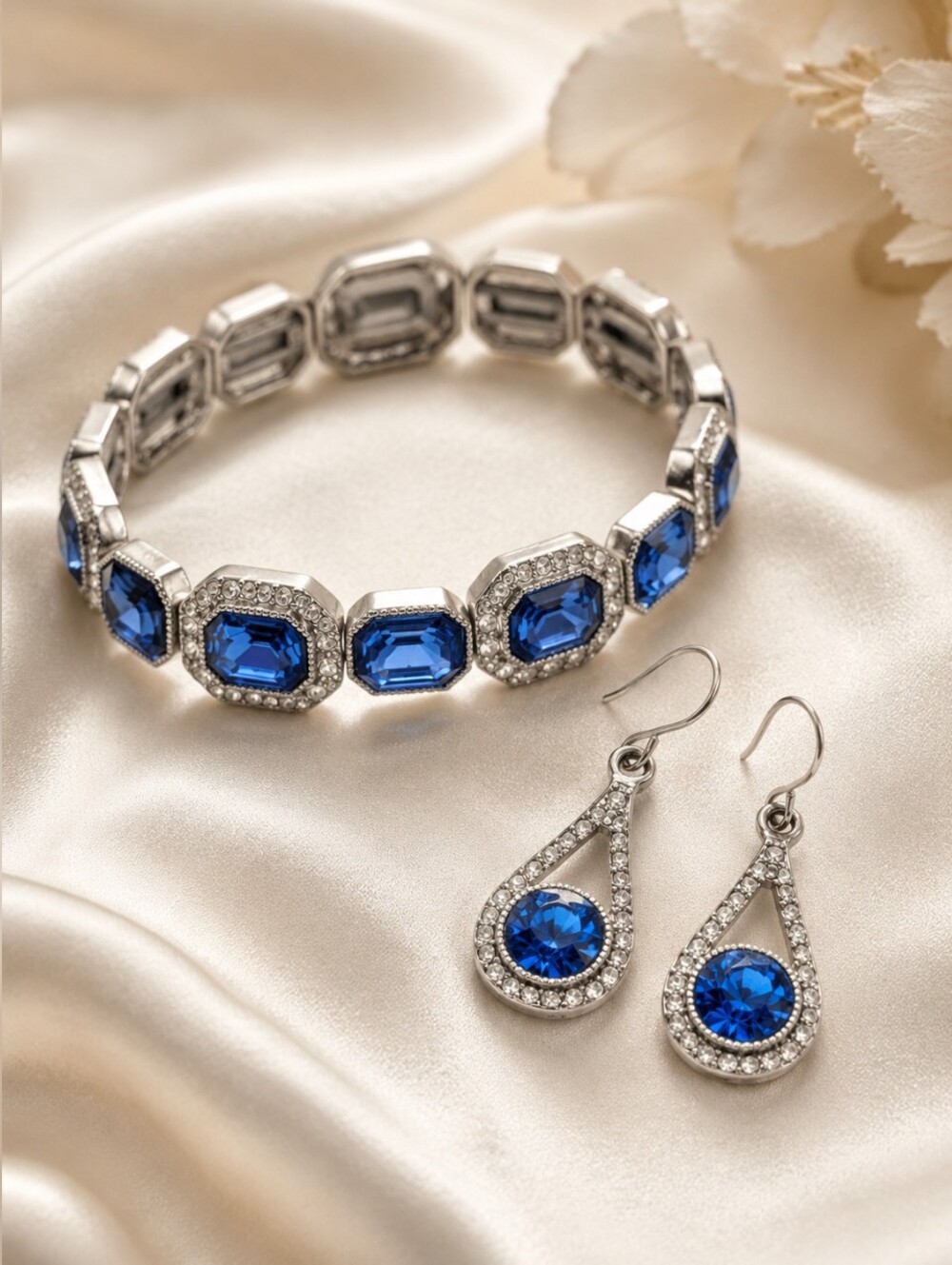 Monet Blue Crystal Earrings Bracelet Set Silver Tone Quiet Luxury NWT